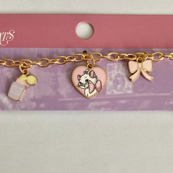 Disney Aristocats Marie Cat Charm Bracelet Heart Bow Signed 7-8" White Gold Tone - Picture 4 of 10